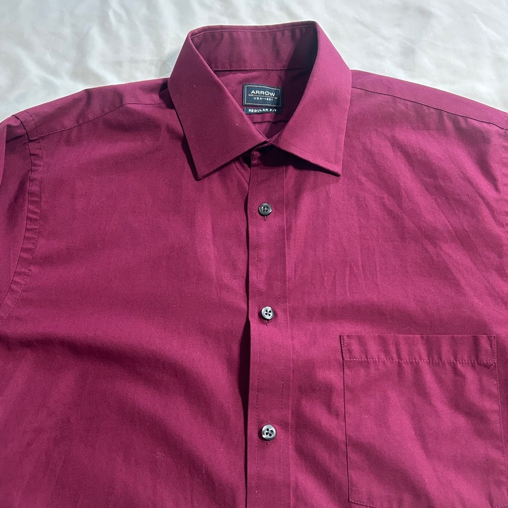 Arrow USA 1851 Mens Regular Fit Dress Shirt Burgundy Long Sleeve M 15-15.5